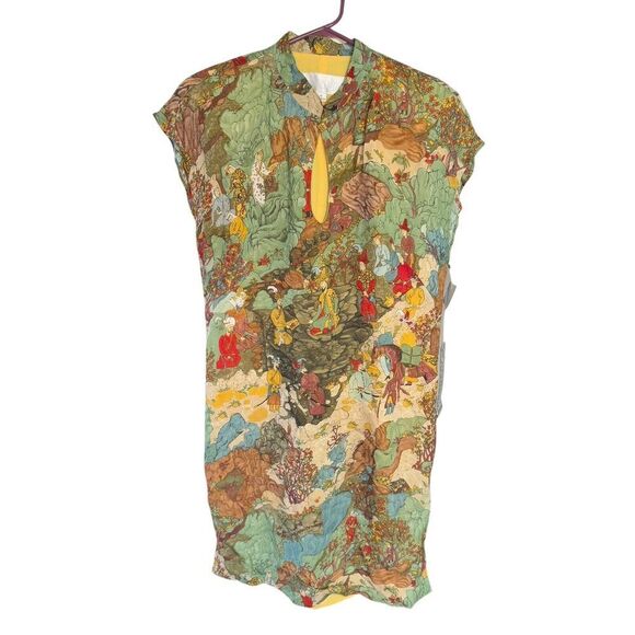 Dorothy Schoelem Platinum Vintage Chinese Village Print Motif Maxi Dress 8 USA - Picture 1 of 9